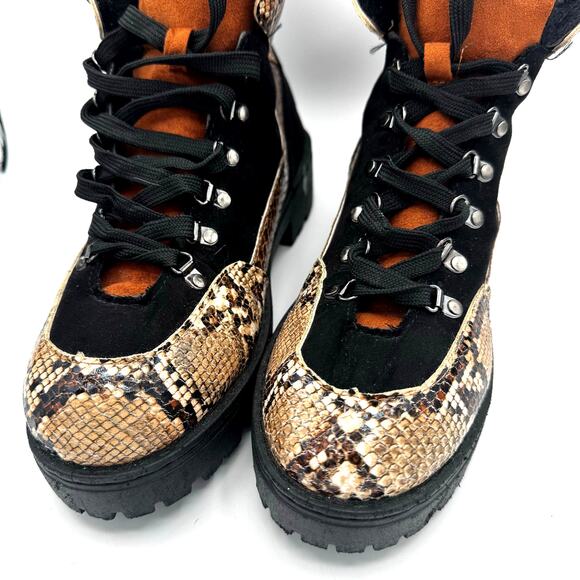 TAXI Snake Print Chunky Combat Boots 90s Grunge Street Style Black Tan wmns 10 - Picture 2 of 7